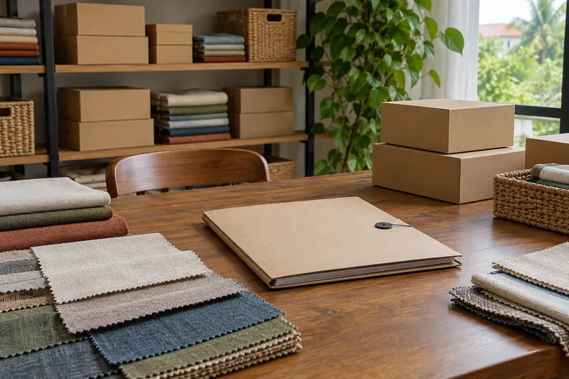 Fabric swatches, plain cartons and a closed folder on a worktable.