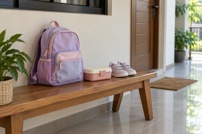 A school bag, lunch box and small shoes on a hallway bench.