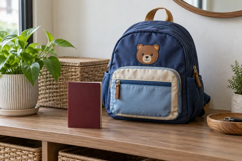 A plain booklet beside a small backpack on a wooden shelf.