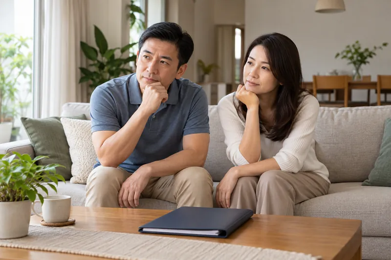 Two adults seated on a sofa with a closed folder on the coffee table.
