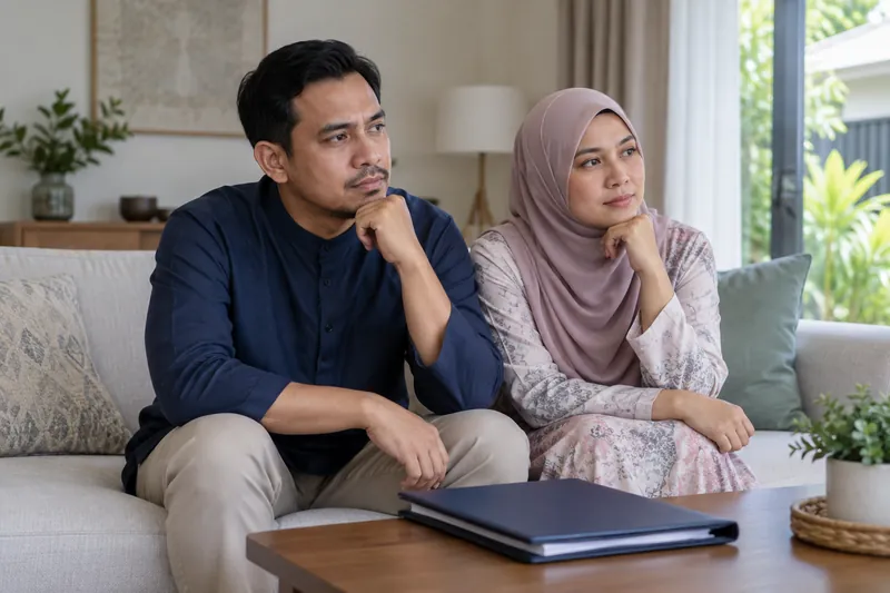 Dua orang dewasa duduk di ruang tamu dengan fail tertutup di atas meja.