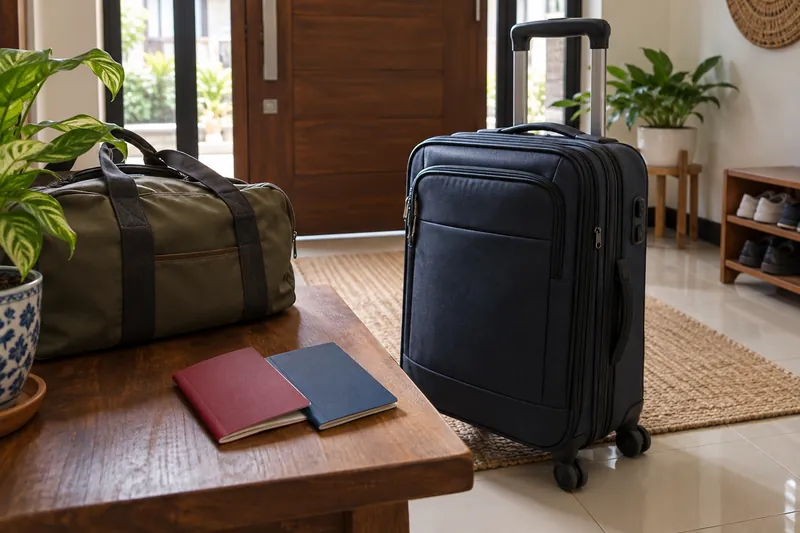 Two plain booklets, a travel bag and a suitcase by a doorway.
