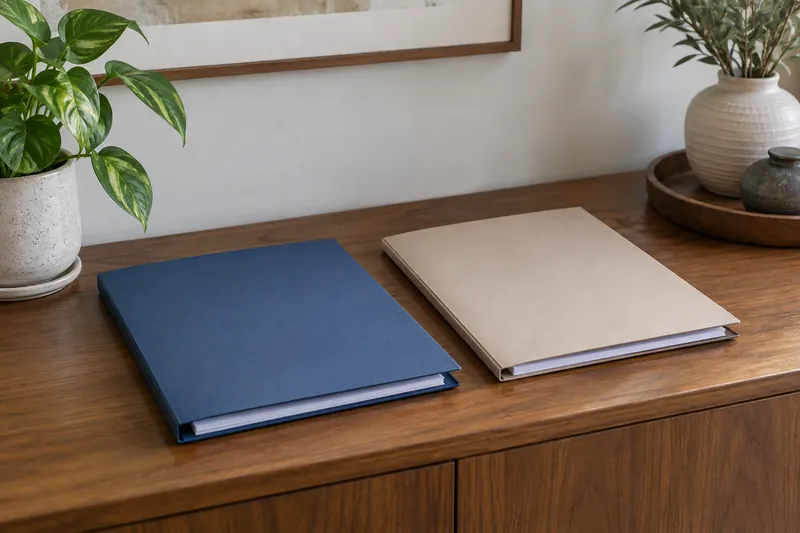 Two closed folders side by side on a wooden sideboard.