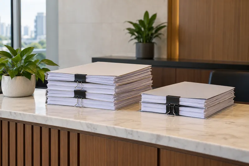Clipped bundles of blank documents on a reception counter.