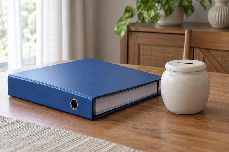 A closed blue binder and a plain ceramic savings jar.
