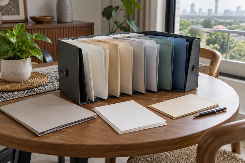 An expanding file with blank dividers and papers on a round table.
