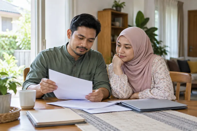 Dua orang dewasa meneliti dokumen keluarga di meja rumah.