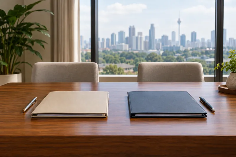 Two folders and two pens placed side by side on a meeting table.