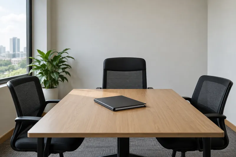 Three empty chairs around a table with a closed folder.