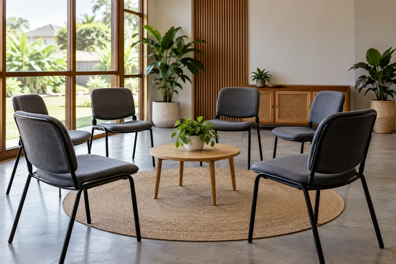 Empty chairs arranged around a small table in a bright room.