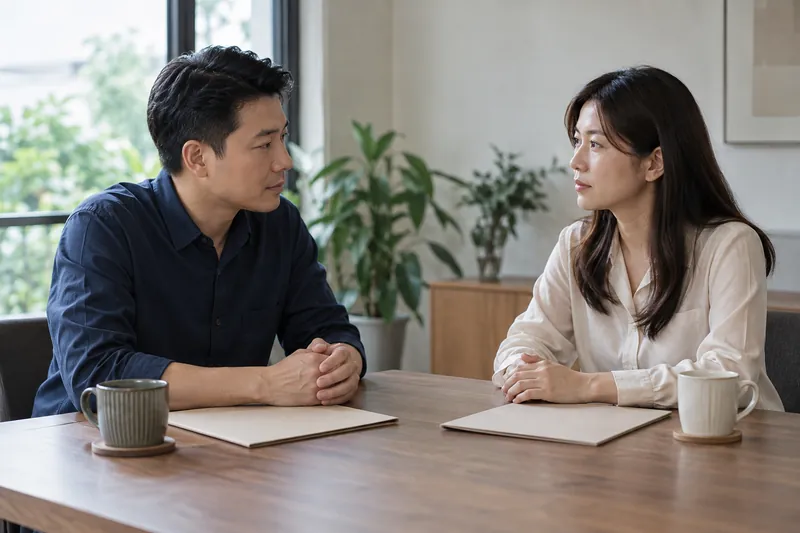 两名成年人相对而坐，面前放着合上的文件夹和杯子。