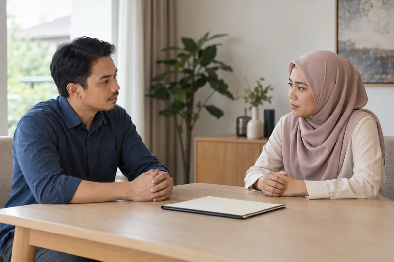 Dua orang dewasa berbincang di meja dengan fail tertutup.