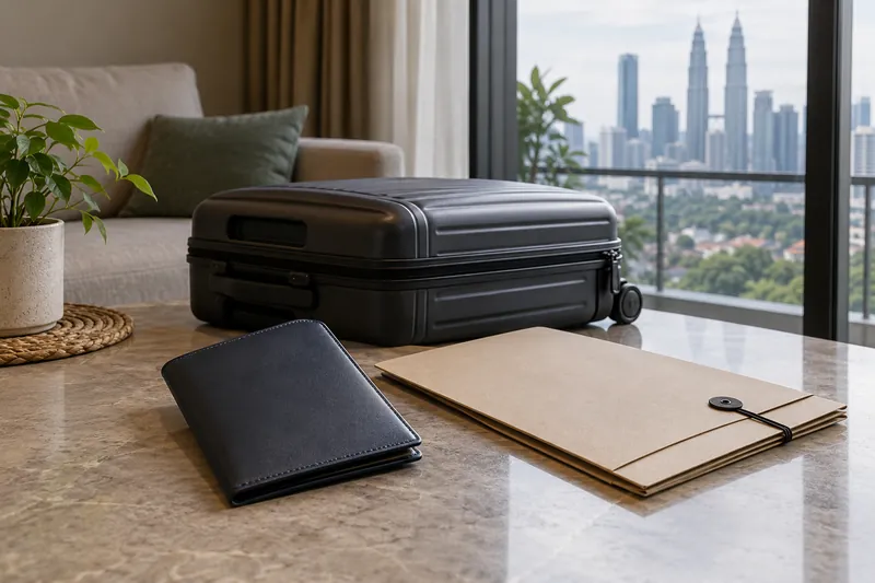 Dompet dokumen, fail tertutup dan beg beroda di atas meja.