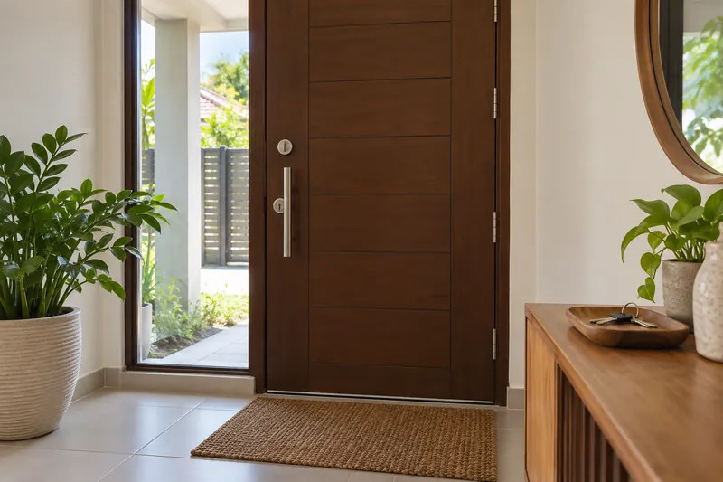 Pintu utama kayu tertutup dan kunci di dalam dulang.