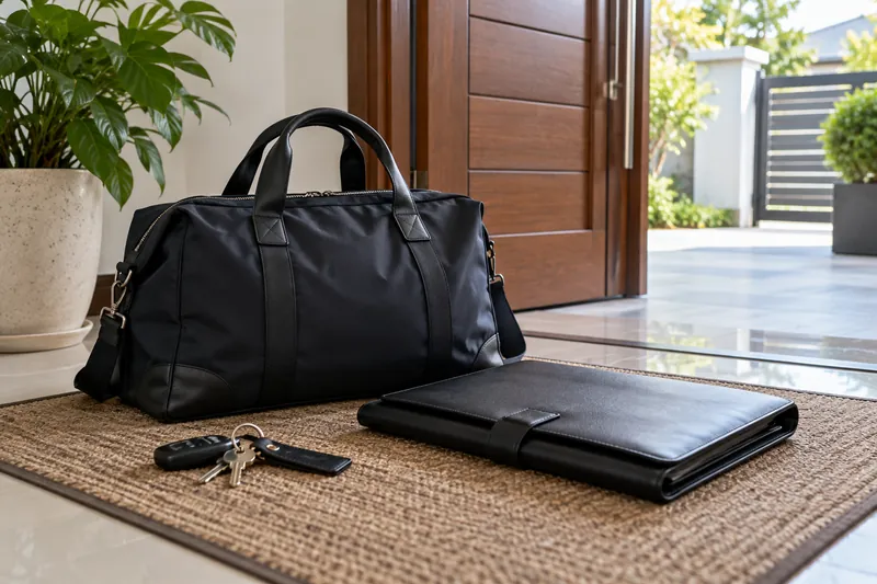 Beg berisi barang, dompet dokumen dan kunci di tepi pintu terbuka.