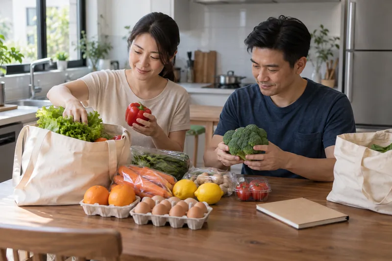 两名成年人在厨房整理食品，旁边放着合上的笔记本。