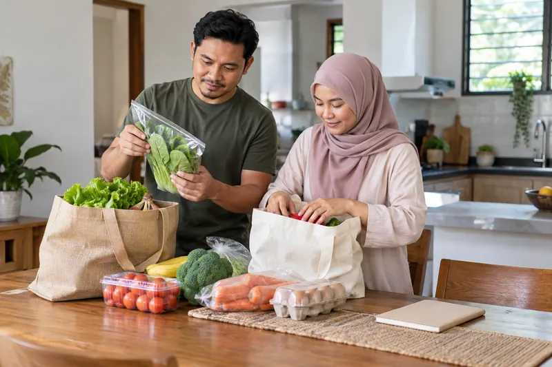 Dua orang dewasa menyusun barang dapur dan beg guna semula di atas meja dapur.