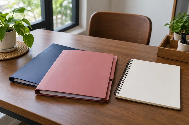 Two coloured folders and a blank notebook on a wooden desk.